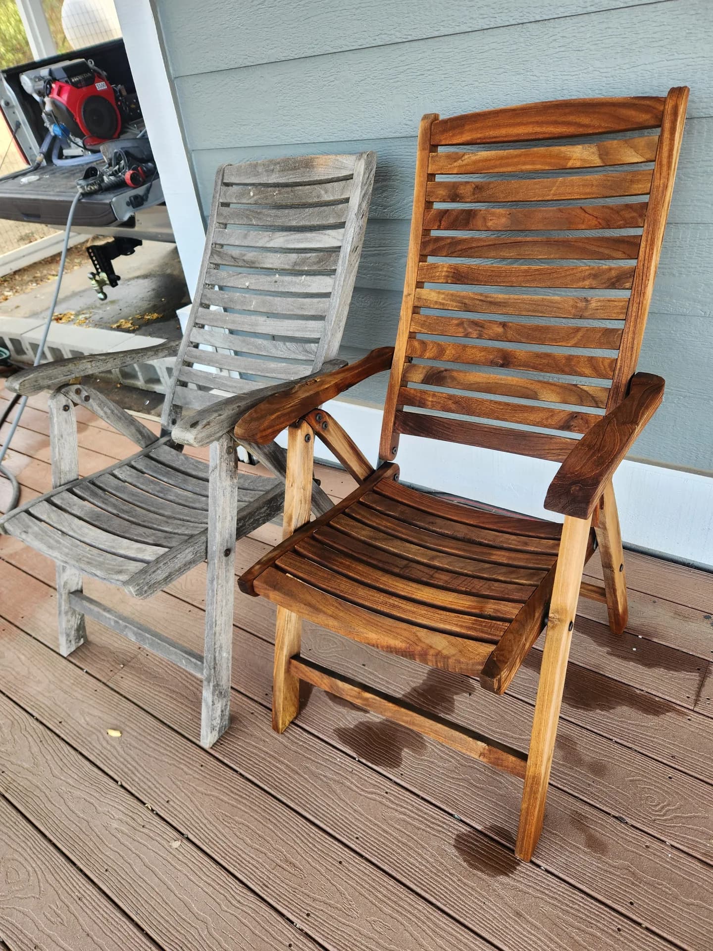Outdoor teak chairs before and after pressure washing: weathered gray next to freshly cleaned wood
