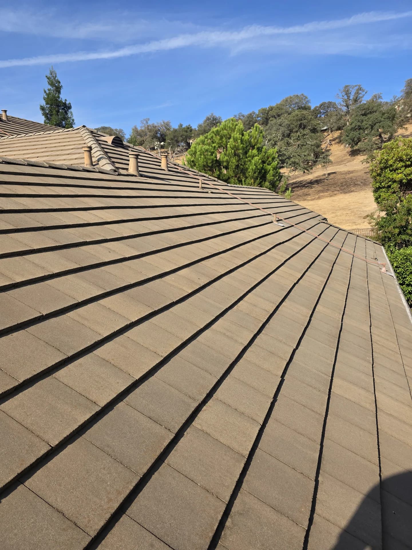 Concrete tile roof after moss cleaning in the Sacramento area